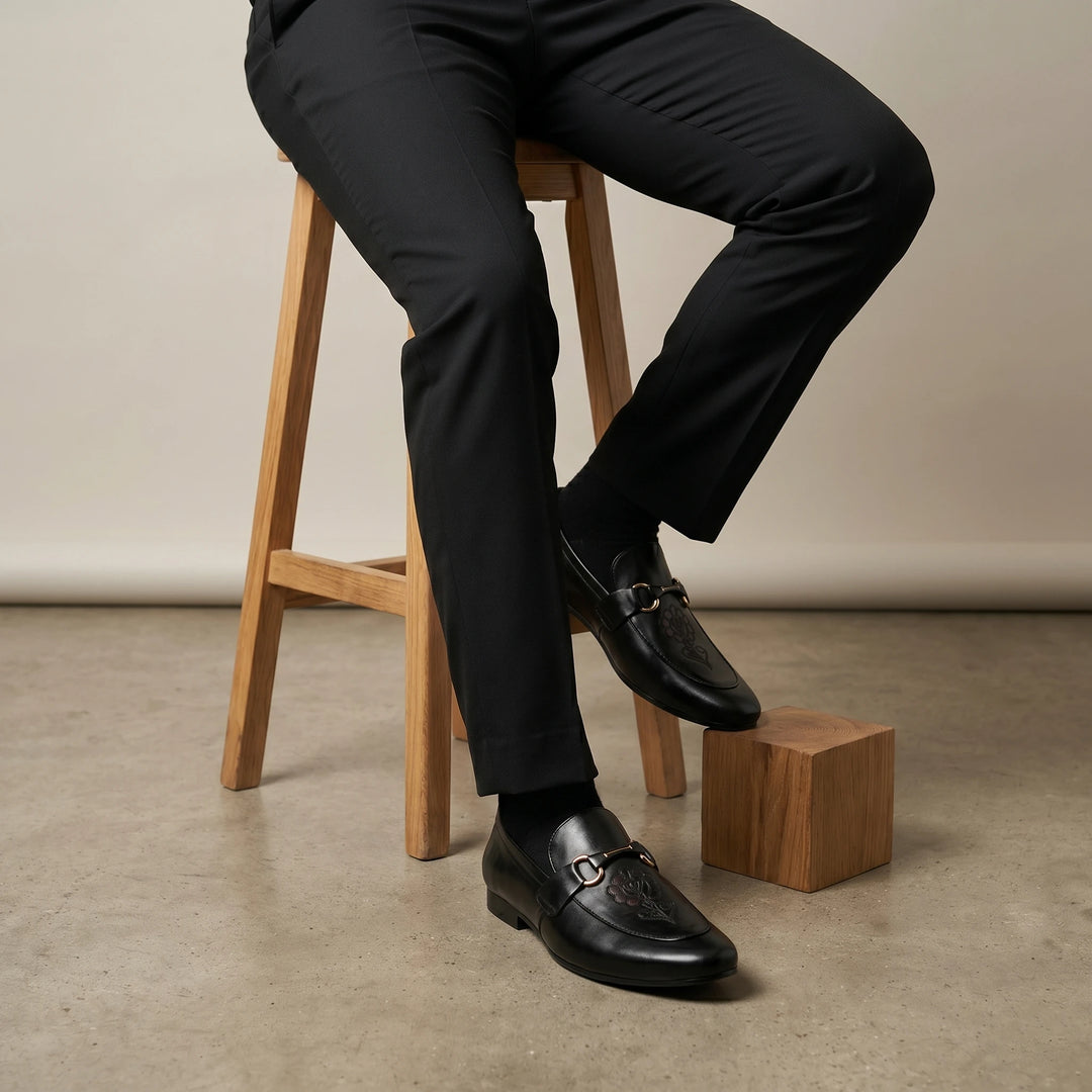Men's Black Leather Floral Embroidered Horsebit Loafers