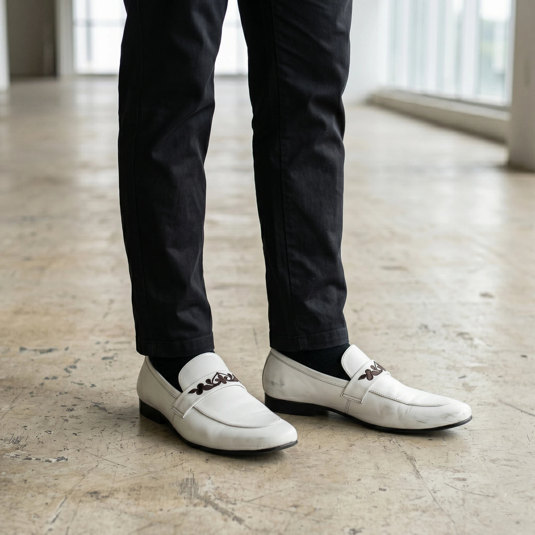 Men's White Leather Floral Embroidered Loafers