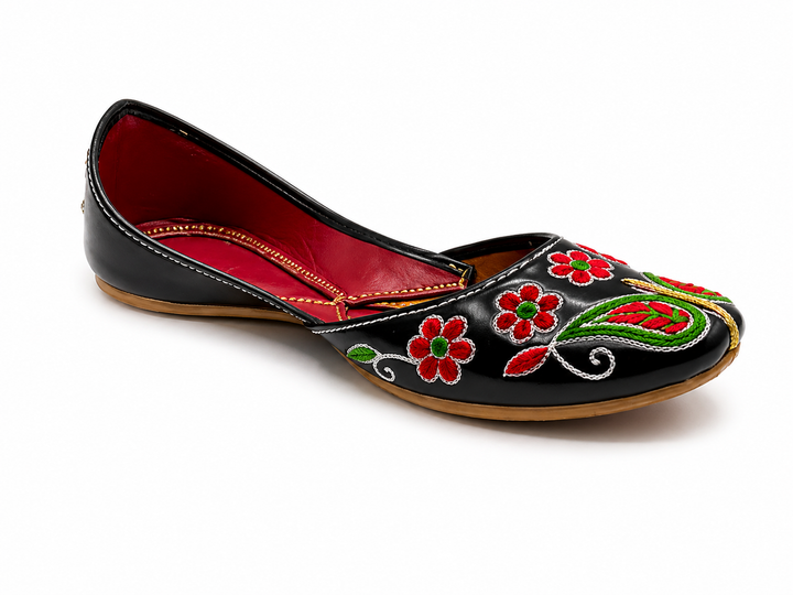 Black Red Floral Jutti – Ladies Handcrafted Flat