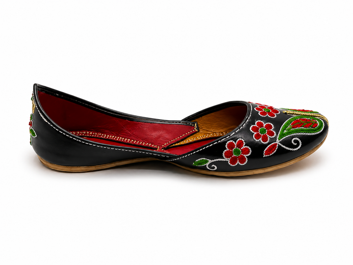 Black Red Floral Jutti – Ladies Handcrafted Flat