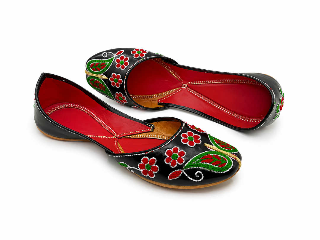 Black Red Floral Jutti – Ladies Handcrafted Flat