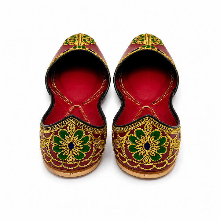 Crimson Red Gold Zardozi Jutti – Bridal Ladies Flat
