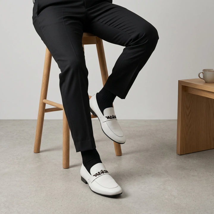 Men's White Leather Floral Embroidered Loafers