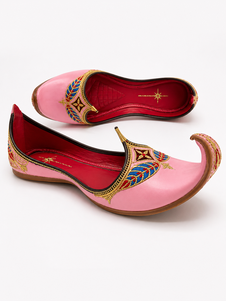 Pink Royal Mughal Khussa – Gold Zardozi & Blue Leaf Edition