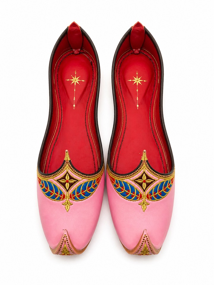 Pink Royal Mughal Khussa – Gold Zardozi & Blue Leaf Edition