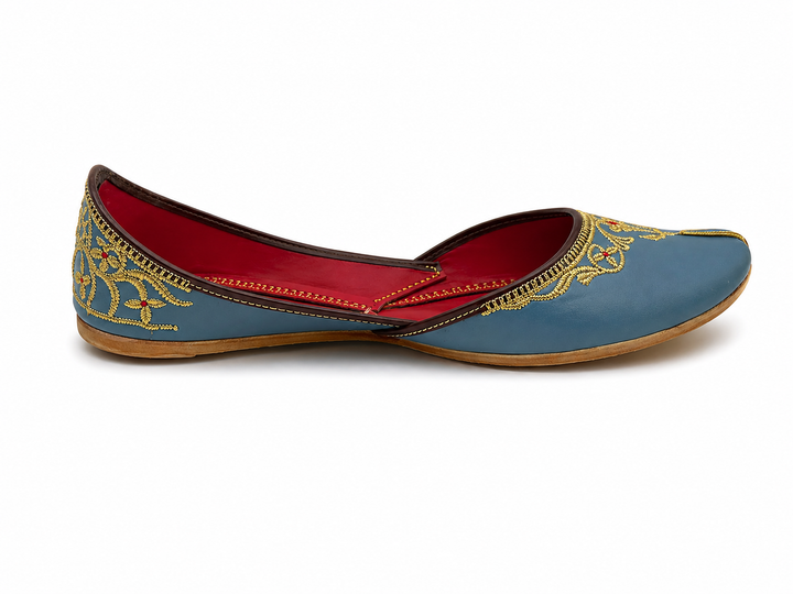 Steel Blue Gold Zardozi Jutti – Ladies Premium Bridal Flat