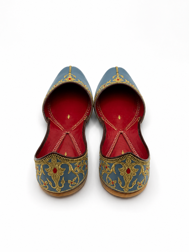 Steel Blue Gold Zardozi Jutti – Ladies Premium Bridal Flat
