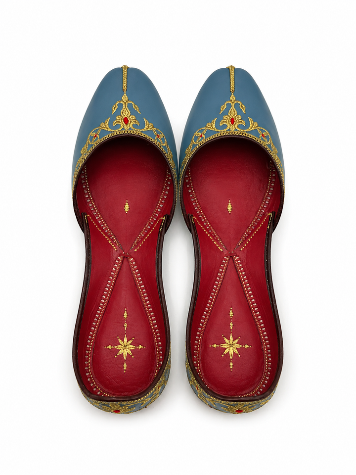 Steel Blue Gold Zardozi Jutti – Ladies Premium Bridal Flat
