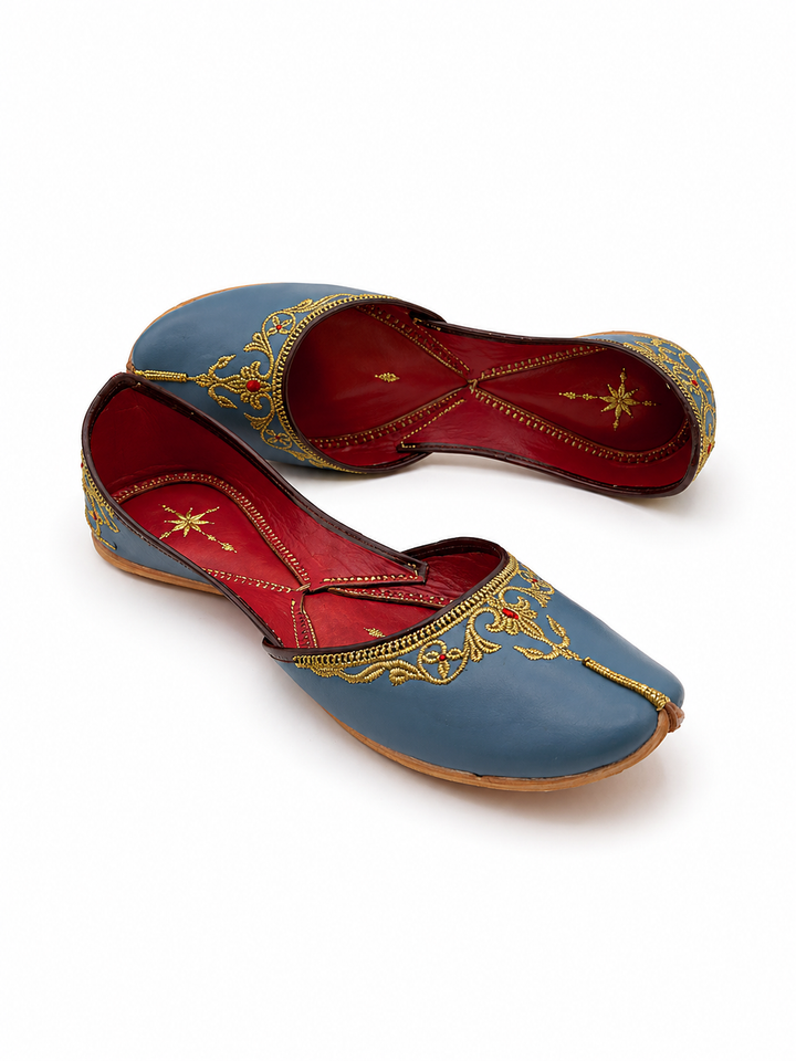 Steel Blue Gold Zardozi Jutti – Ladies Premium Bridal Flat