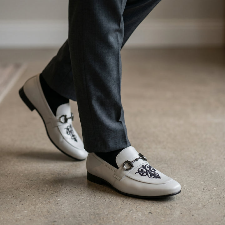 Men's White Embroidered Leather Horsebit Loafers