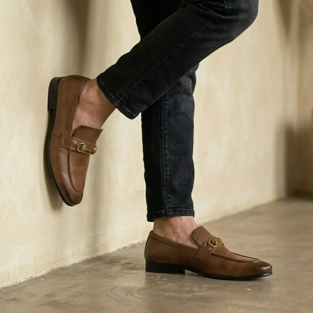 Men's Brown Leather Gold Horsebit Loafers