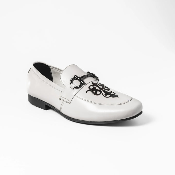 Men's White Embroidered Leather Horsebit Loafers