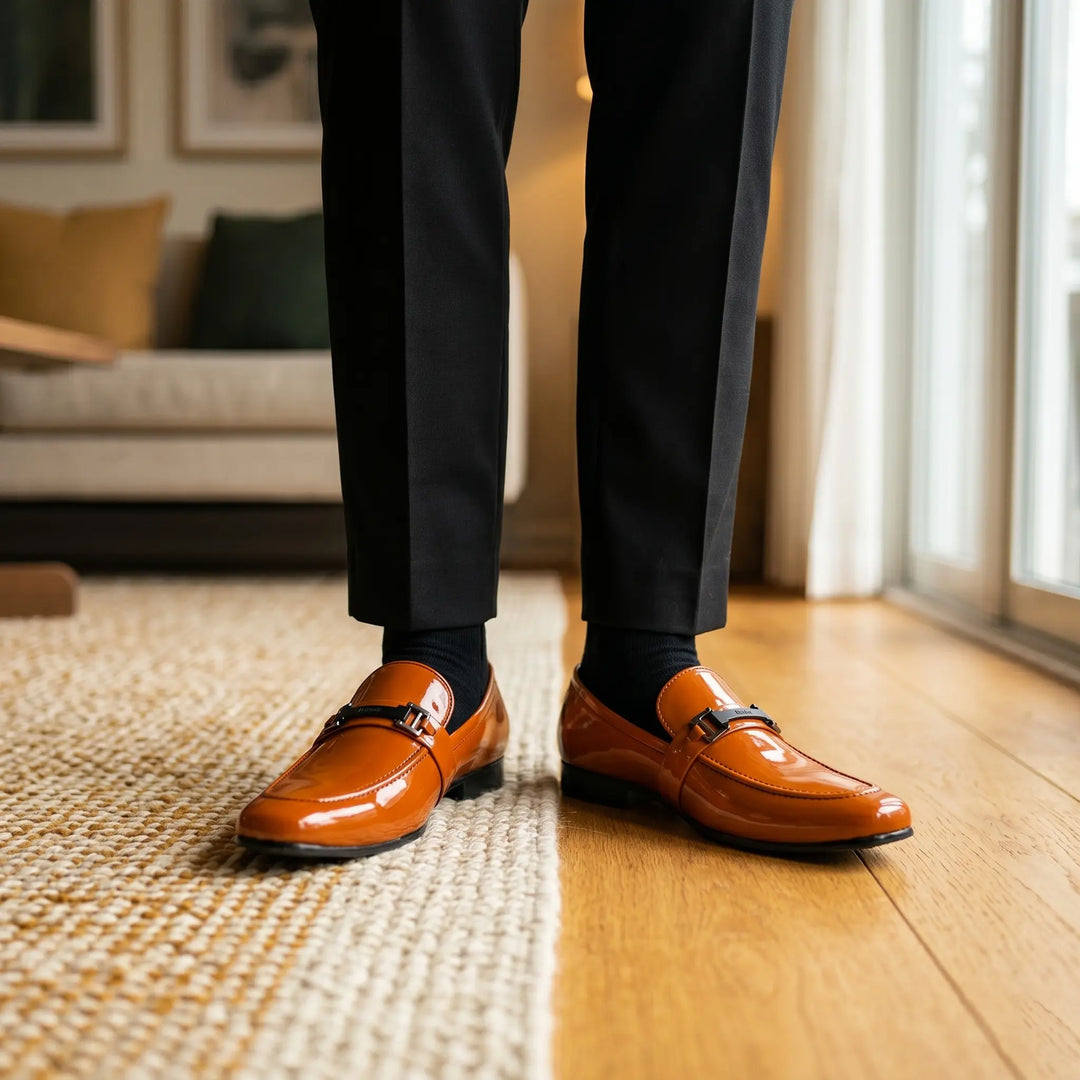 Men's Tan Patent Leather Bit Loafers