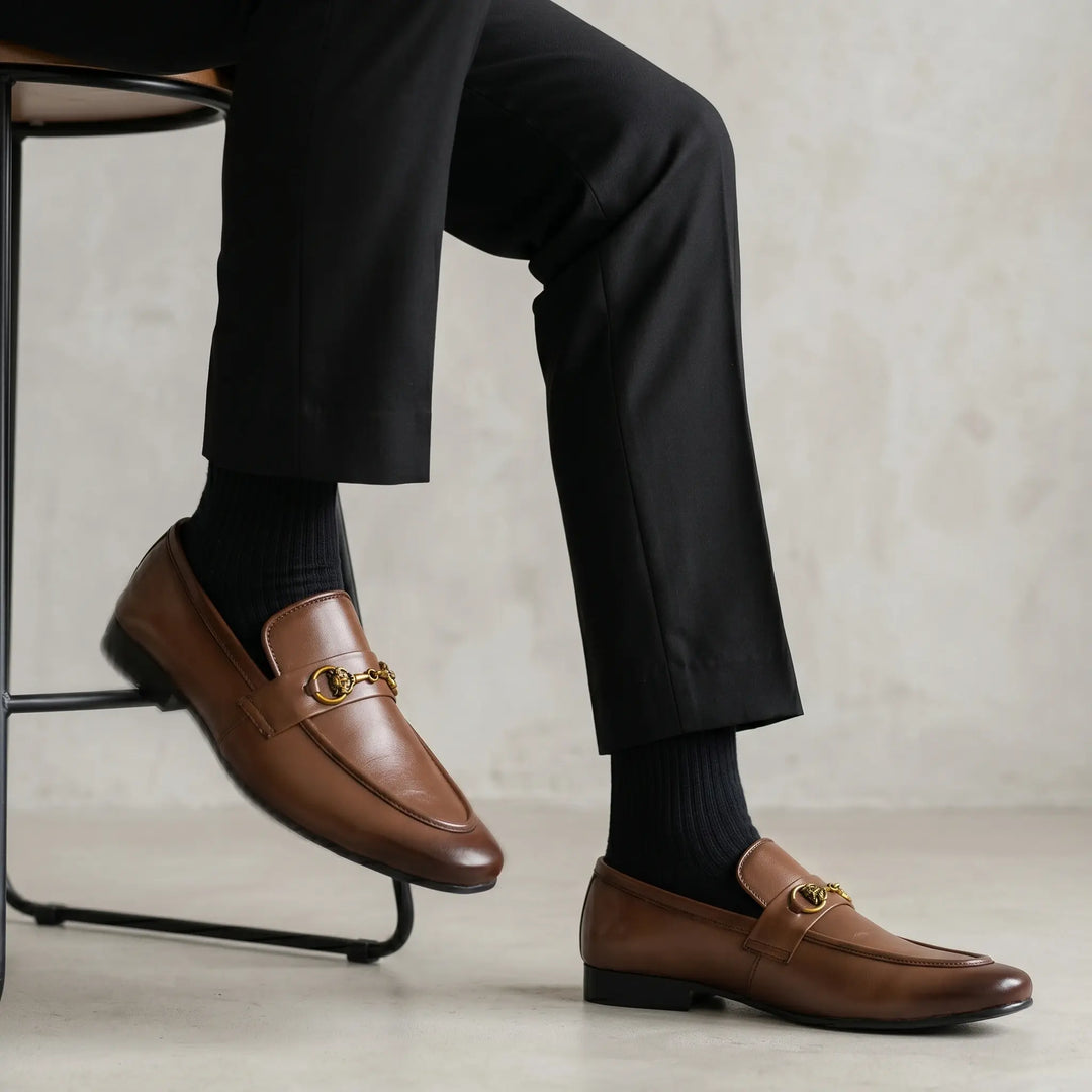 Men's Brown Leather Gold Horsebit Loafers