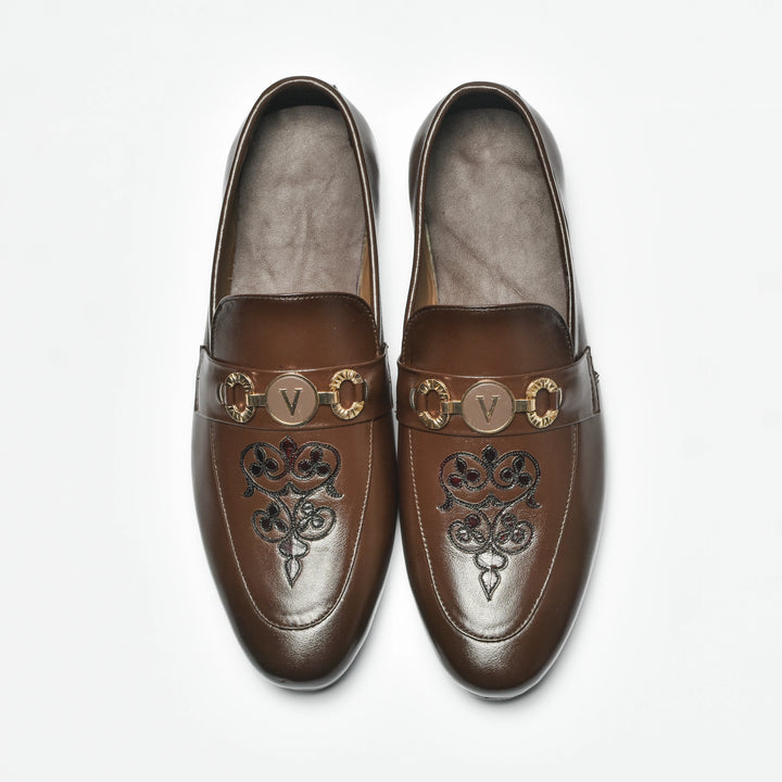 Men's Brown Leather Floral Embroidered Gold V-Buckle Loafers