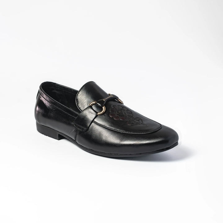 Men's Black Leather Floral Embroidered Horsebit Loafers