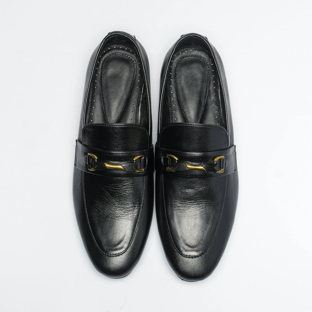 Men's Black Leather Gold Horsebit Slip-On Loafers