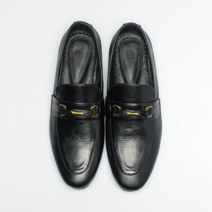 Men's Black Leather Gold Horsebit Slip-On Loafers