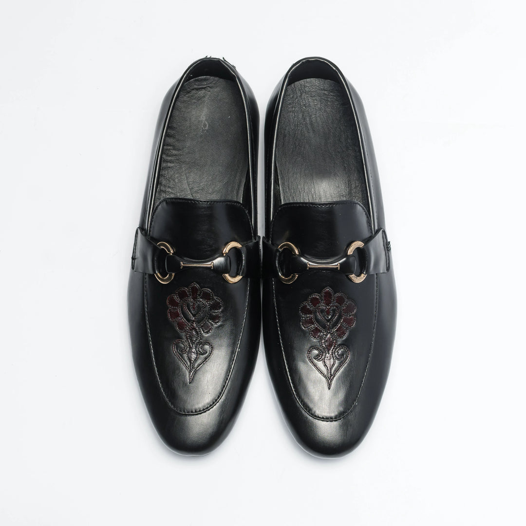 Men's Black Leather Floral Embroidered Horsebit Loafers