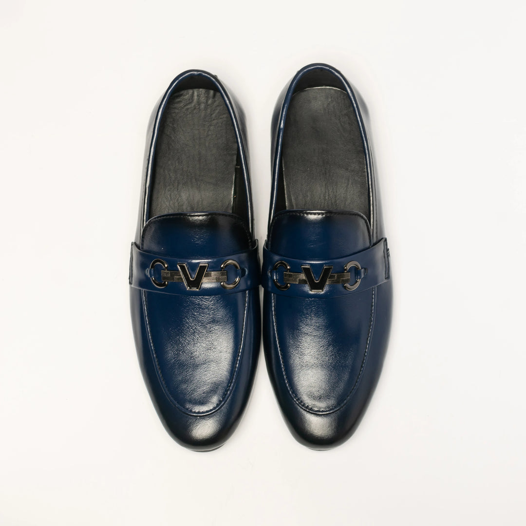 Men's Navy Blue Leather V-Buckle Loafers