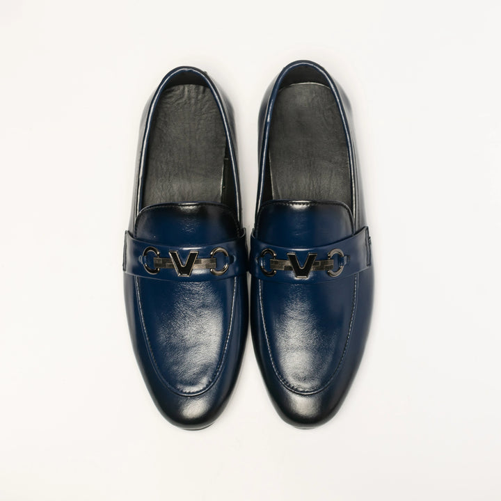 Men's Navy Blue Leather V-Buckle Loafers
