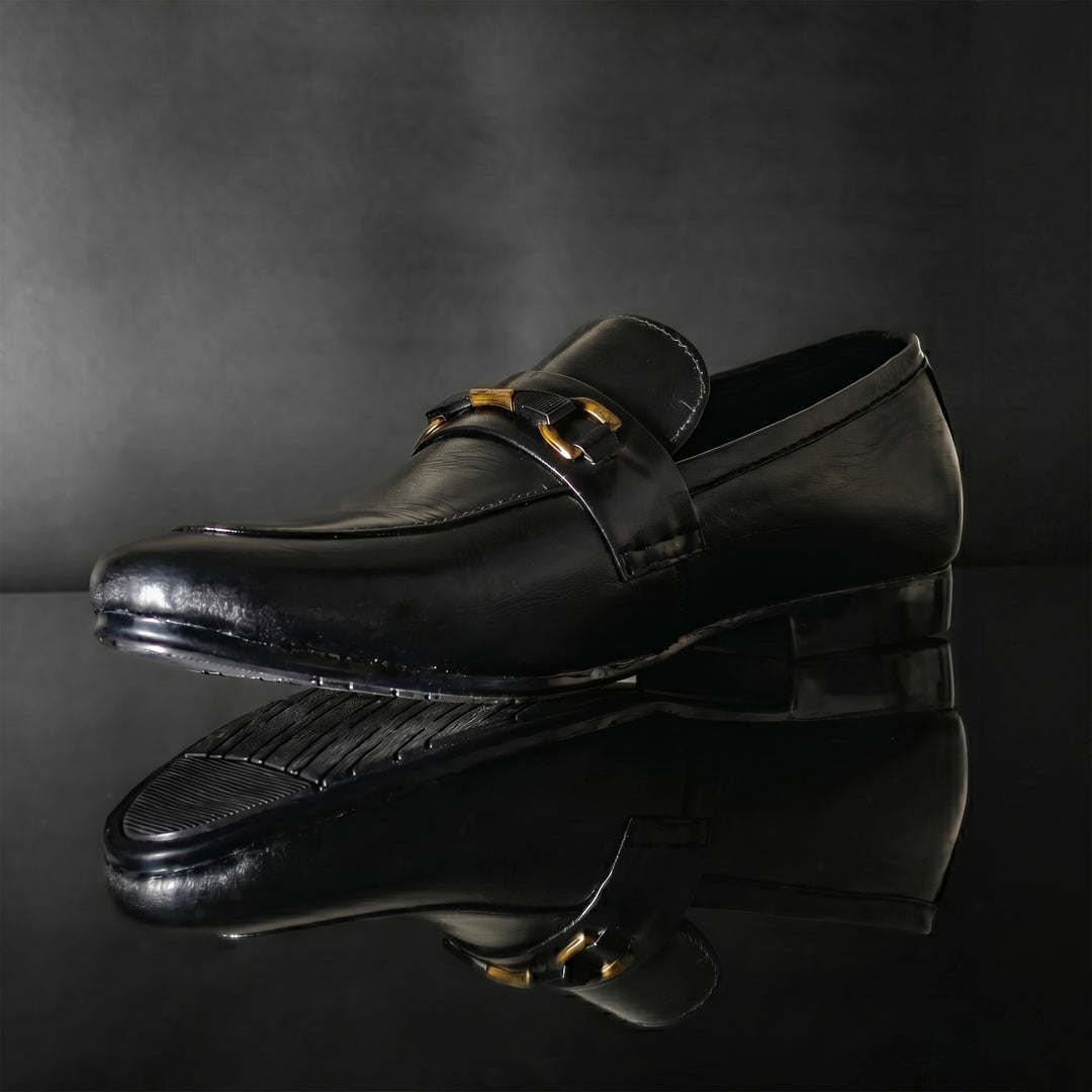 Men's Black Leather Gold Horsebit Slip-On Loafers