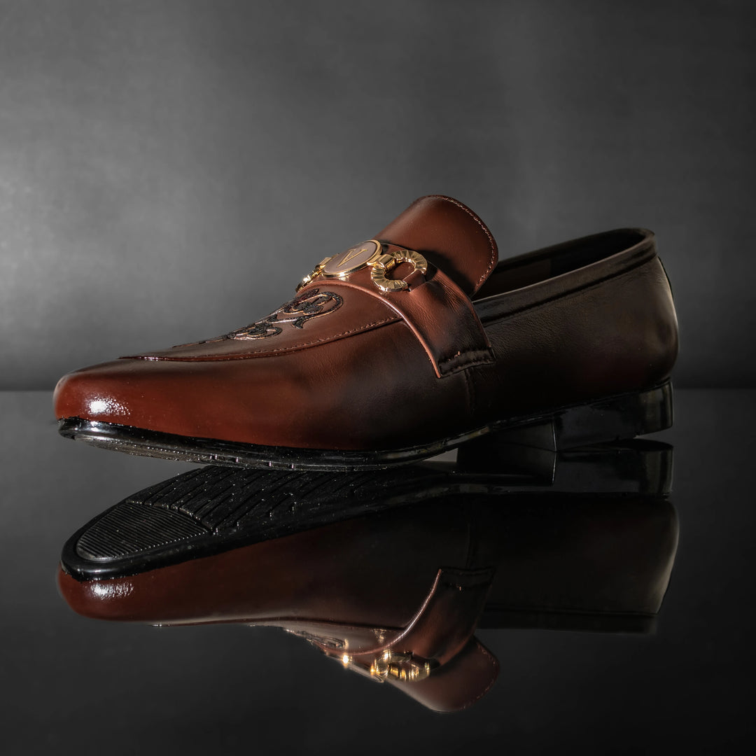 Men's Brown Leather Floral Embroidered Gold V-Buckle Loafers