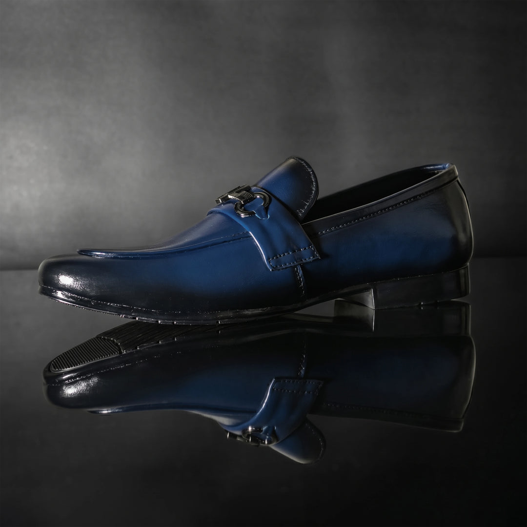 Men's Navy Blue Leather V-Buckle Loafers