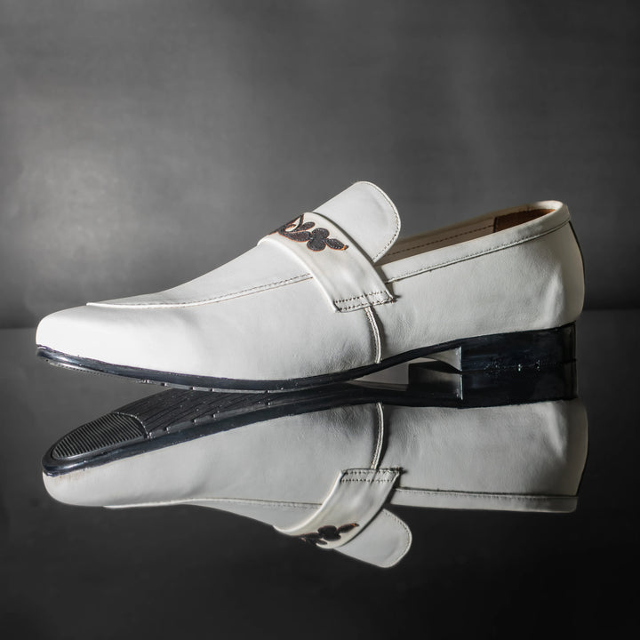 Men's White Leather Floral Embroidered Loafers