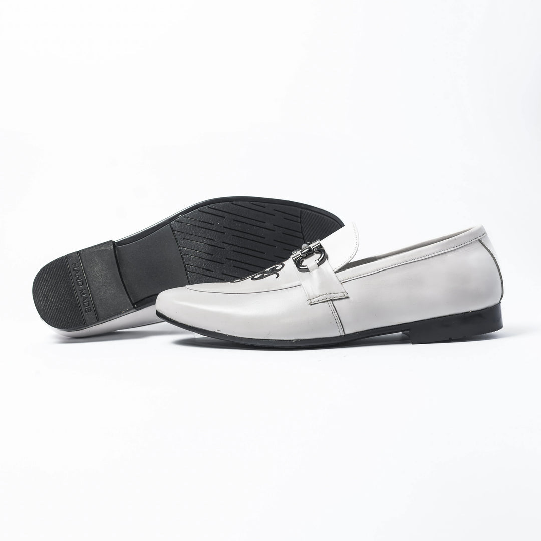 Men's White Embroidered Leather Horsebit Loafers