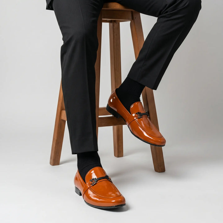 Men's Tan Patent Leather Bit Loafers