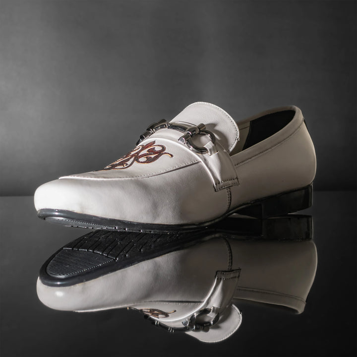 Men's White Embroidered Leather Horsebit Loafers