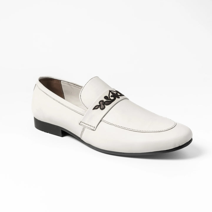 Men's White Leather Floral Embroidered Loafers